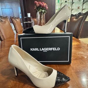 Karl Lagerfeld Black and Cream Rialta Patent Heels